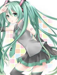 Rule 34 | 1girl, bad id, bad pixiv id, detached sleeves, female focus, gradient background, green eyes, green hair, hatsune miku, long hair, matching hair/eyes, necktie, richard, skirt, solo, thighhighs, twintails, very long hair, vocaloid, white background