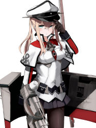 Rule 34 | 10s, 1girl, bad id, bad pixiv id, blonde hair, blue eyes, breasts, capelet, female focus, gloves, graf zeppelin (kancolle), hat, highres, kantai collection, karinji, large breasts, long hair, machinery, miniskirt, pantyhose, peaked cap, skirt, solo, turret, twintails, uniform