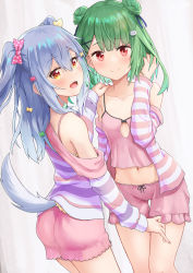Rule 34 | 1boy, 1girl, absurdres, alternate costume, bloomers, blue hair, blush, bra strap, breasts, camisole, commentary, cowboy shot, dog tail, double bun, fang, from behind, green hair, grey background, hair between eyes, hair bun, hair ribbon, hand in own hair, hand on another&#039;s shoulder, highres, hololive, inuyama tamaki, jtleeklm, long sleeves, looking at viewer, medium hair, midriff, navel, noripro, off-shoulder shirt, off shoulder, open clothes, open mouth, open shirt, pink bloomers, pink camisole, red eyes, ribbon, shirt, short hair, simple background, small breasts, smile, standing, striped clothes, striped shirt, symbol-only commentary, tail, thigh gap, trap, two side up, underwear, uruha rushia, virtual youtuber, yellow eyes