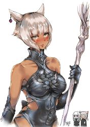Rule 34 | 1boy, 2girls, absurdres, animal ears, armor, blood, blush, breasts, cat ears, collarbone, commentary request, cosplay, dark skin, earrings, elbow gloves, facial mark, final fantasy, final fantasy xiv, gloves, grey eyes, highres, hjz (artemi), holding, jewelry, lips, looking at viewer, miqo&#039;te, multiple girls, nosebleed, omega-f, omega-f (cosplay), omega (final fantasy), open mouth, parted lips, short hair, signature, silver hair, simple background, solo focus, staff, upper body, white background, y&#039;shtola rhul