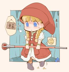 Rule 34 | 1girl, beige border, black eyes, black footwear, blonde hair, blue eyes, blush, boots, border, bow, braid, cave, dragon quest, dragon quest xi, dress, female focus, full body, hair tie, hanomido, hat, have to pee, hood, knees together feet apart, leg lift, looking down, open mouth, red bow, red headwear, short sleeves, slime (dragon quest), smile, socks, staff, standing, standing on one leg, sweat, text focus, toilet sign, toilet symbol, translated, trembling, twin braids, urine meter, veronica (dq11), weapon, white dress, wristband