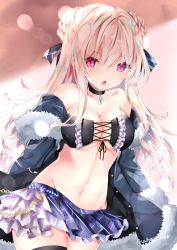 Rule 34 | 1girl, black bow, black jacket, blue skirt, bow, braid, breasts, cleavage, commentary request, double bun, frills, fur-trimmed jacket, fur trim, groin, hair between eyes, hair bow, hair bun, highres, jacket, light brown hair, long hair, looking at viewer, medium breasts, nanase nao, navel, off shoulder, open clothes, open jacket, open mouth, original, plaid, plaid bow, plaid skirt, pleated skirt, purple eyes, skirt, solo, very long hair