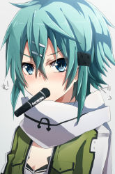 Rule 34 | 10s, 1girl, blue hair, breasts, cleavage, green jacket, hair ornament, hairclip, jacket, keita (tundereyuina), open clothes, open jacket, short hair, sinon, small breasts, solo, sword art online, upper body, white legwear