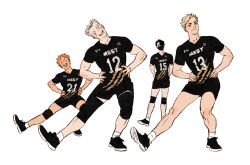 Rule 34 | 4boys, black footwear, black hair, black shirt, black shorts, blonde hair, bokuto koutarou, brown eyes, chengongzi123, closed mouth, commentary, english commentary, grey hair, haikyuu!!, hands on own hips, head tilt, highres, hinata shouyou, knee pads, looking at viewer, male focus, mask, mouth mask, multicolored hair, multiple boys, numai kazuma, o o, open mouth, orange hair, sakusa kiyoomi, shirt, shoes, short sleeves, shorts, simple background, sportswear, standing, streaked hair, stretching, t-shirt, undercut, volleyball uniform, white background, yellow eyes