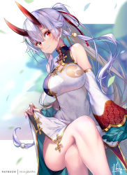 Rule 34 | 1girl, bare shoulders, blush, breasts, china dress, chinese clothes, closed mouth, detached sleeves, dress, fate/grand order, fate (series), hair between eyes, hong (white spider), horns, large breasts, long hair, looking at viewer, mitsudomoe (shape), oni horns, ponytail, red eyes, silver hair, sleeveless, sleeveless dress, smile, solo, thighs, tomoe (symbol), tomoe gozen (fate), white dress, wide sleeves