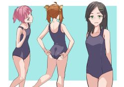 Rule 34 | adjusting clothes, adjusting swimsuit, ahoge, ass, black hair, blue eyes, breasts, brown hair, cowboy shot, from behind, green eyes, grey one-piece swimsuit, hair ornament, hairclip, itou ebiko, kagerou (kancolle), kantai collection, kuroshio (kancolle), long hair, new school swimsuit, one-piece swimsuit, pink hair, ponytail, ribbon, school swimsuit, shiranui (kancolle), short hair, small breasts, standing, swimsuit, twintails, yellow ribbon