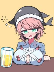 Rule 34 | 1girl, alcohol, beer, beer mug, blue shirt, blush, breast rest, breasts, breasts on table, cleavage, commentary, cross-laced clothes, cup, drooling, drunk, fang, green eyes, head tilt, hh, hiccup, highres, large breasts, mug, nose blush, okunoda miyoi, open mouth, orange background, pink hair, shirt, short hair, simple background, solo, sweat, swept bangs, touhou, whale hat