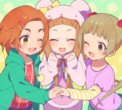 Rule 34 | 3girls, animal hood, bad id, bad pixiv id, blue shorts, blush, brown eyes, brown hair, closed eyes, collarbone, commentary request, facing viewer, green background, green jacket, green skirt, hair ornament, hairclip, happy, hood, hood down, hooded jacket, ichihara nina, idolmaster, idolmaster cinderella girls, interlocked fingers, jacket, long hair, long sleeves, looking at another, moyori, multiple girls, neck ribbon, one eye closed, open clothes, open jacket, open mouth, pink jacket, pink ribbon, pink shirt, pleated skirt, polka dot, polka dot background, red shirt, ribbon, ryuzaki kaoru, shirt, shorts, skirt, smile, striped sleeves, twintails, yellow background, yellow eyes, yellow ribbon, yokoyama chika