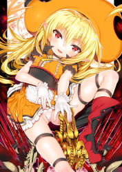 Rule 34 | 1girl, apron, blonde hair, blush, boots, breasts, char, fang, gloves, hair between eyes, hat, highres, long hair, looking at viewer, md5 mismatch, open mouth, orange hat, original, panties, pointy ears, red eyes, skindentation, skirt, small breasts, smile, solo, spread legs, thigh strap, thighs, underwear, white gloves, white panties