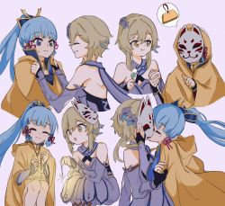 Rule 34 | 2girls, :o, :t, ayaka (genshin impact), bare shoulders, blonde hair, blue eyes, blue hair, blunt bangs, blush, cloak, closed mouth, commentary, dango, dress, eating, english commentary, fireworks, flower, food, fox mask, genshin impact, grey background, hair between eyes, hair flower, hair ornament, hair ribbon, hand on another&#039;s cheek, hand on another&#039;s face, holding, hood, hooded cloak, kiss, long hair, long sleeves, lumine (genshin impact), mask, mole, mole under eye, multiple girls, multiple views, open mouth, pointing, ponytail, qmoogi, ribbon, sanshoku dango, short hair, sidelocks, simple background, smile, sparkler, speech bubble, split mouth, spoken object, squatting, wagashi, white dress, yellow eyes, yuri