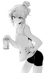 Rule 34 | 1girl, :/, alcohol, beer, beer can, bike shorts, camisole, can, collarbone, commentary request, drink can, from side, greyscale, hair bun, hand on own hip, highres, holding, holding can, inkdaisuki, long hair, looking at viewer, monochrome, original, simple background, solo, sweat, white background