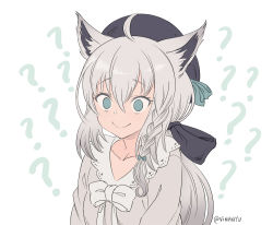 Rule 34 | 1girl, ?, ahoge, animal ear fluff, animal ears, beret, black hat, blue eyes, bow, braid, closed mouth, commentary, fox ears, grey shirt, hair between eyes, hair ribbon, hat, hololive, long hair, ribbon, shirakami fubuki, shirakami fubuki (street), shirt, side braid, silver hair, simple background, smile, solo, twitter username, upper body, vinhnyu, virtual youtuber, white background, white bow, wide-eyed