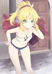 Rule 34 | 1girl, aqua eyes, bandeau, blonde hair, braid, breasts, commentary request, denim, denim shorts, fate/apocrypha, fate/grand order, fate (series), french braid, hair ornament, hair scrunchie, half updo, highres, holding, holding clothes, holding jacket, jacket, jewelry, kureha (angelite), looking at viewer, midriff, mordred (fate), mordred (fate/apocrypha), mordred (memories at trifas) (fate), navel, necklace, ponytail, red jacket, red scrunchie, scrunchie, short shorts, shorts, small breasts, smile, solo, teeth