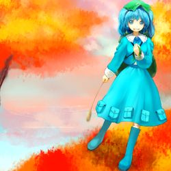 Rule 34 | 1girl, autumn, backpack, bad id, bad pixiv id, bag, blue eyes, blue hair, boots, cattail, chirigami-san, female focus, grin, hair bobbles, hair ornament, hat, kawashiro nitori, matching hair/eyes, nature, plant, rubber boots, skirt, smile, solo, touhou, tree, twintails, two side up, water