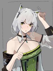Rule 34 | 1girl, animal ears, arknights, arm up, bare shoulders, breasts, cat ears, cleavage, commentary, criss-cross halter, detached sleeves, dress, green dress, green eyes, grey background, grey hair, halterneck, hand up, kal&#039;tsit (arknights), large breasts, long sleeves, looking at viewer, nuggetkouhai, parted lips, short hair, simple background, solo, upper body
