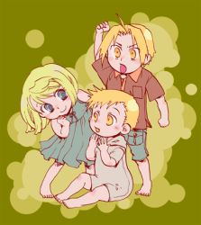Rule 34 | 1girl, 2boys, aged down, alphonse elric, annoyed, arm at side, arm up, baby, barefoot, blonde hair, blue eyes, blush, blush stickers, breast pocket, clenched hands, closed mouth, collared shirt, commentary request, dot nose, dress, edward elric, eyelashes, frown, full body, fullmetal alchemist, green background, green dress, hand on own face, hands up, happy, hoshino hitsuki, knee blush, leaning, leaning forward, looking at another, lowres, multiple boys, nose blush, on floor, open mouth, pocket, polka dot, polka dot background, shirt, short hair, short sleeves, shorts, simple background, sitting, sleeveless, sleeveless dress, smile, tareme, two-tone background, winry rockbell, yellow background, yellow eyes