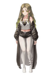Rule 34 | 1girl, black coat, black shorts, blush, breasts, closed mouth, coat, crop top, green eyes, green hair, hair ornament, hairclip, highres, indoors, iruka blue (torriet), jewelry, large breasts, long hair, long sleeves, looking at viewer, md5 mismatch, navel, necklace, no shoes, off shoulder, open clothes, open coat, original, pantyhose, puffy long sleeves, puffy sleeves, resolution mismatch, shirt, short shorts, shorts, solo, source larger, swimsuit, thighs, torriet, very long hair, white pantyhose, white shirt