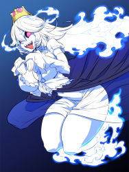 Rule 34 | 1girl, black sclera, breasts, cleavage, collar, colored sclera, colored skin, detached sleeves, dress, evil smile, eyelashes, floating, frilled collar, frills, ghost tail, glowing, glowing eyes, glowing hair, highres, jin (mugenjin), large breasts, long hair, looking at viewer, luigi&#039;s mansion, mario (series), new super mario bros. u deluxe, nintendo, open mouth, pink eyes, princess king boo, puffy short sleeves, puffy sleeves, sharp teeth, short sleeves, simple background, smile, solo, super crown, teeth, tongue, tongue out, very long hair, white dress, white hair, white skin