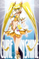 Rule 34 | 10s, 1girl, bag, blonde hair, boots, bow, breasts, brooch, character name, cure sunshine, earrings, fanny pack, hair ribbon, heart, heart brooch, heartcatch precure!, highres, jewelry, knee boots, long hair, looking at viewer, magical girl, midriff, miniskirt, myoudouin itsuki, navel, precure, puffy short sleeves, puffy sleeves, raisuta, ribbon, short hair, short sleeves, skirt, smile, solo, twintails, underboob, very long hair, wrist cuffs, yellow bow, yellow eyes