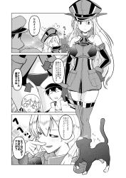 Rule 34 | 1boy, 2girls, :d, :o, admiral (kancolle), anchor, animal, armor, arrow (symbol), bare shoulders, bismarck (kancolle), blush, breastplate, breasts, carrying, cat, closed eyes, collar, collarbone, comic, commentary request, elbow gloves, epaulettes, gloves, greyscale, hair between eyes, hair ribbon, hand on own hip, hat, heart, ichiei, kantai collection, long hair, long sleeves, looking down, low twintails, midriff, military, military hat, military uniform, monochrome, motion lines, multiple girls, naval uniform, navel, no headwear, open mouth, panties, peaked cap, prinz eugen (kancolle), ribbon, rudder footwear, smile, speech bubble, thighhighs, translation request, twintails, underwear, uniform, unsinkable sam