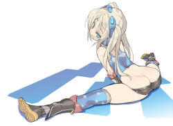 Rule 34 | 1girl, aqua eyes, ass, blade (galaxist), blonde hair, blue thighhighs, boots, busou shinki, butt crack, character request, commentary request, flexible, headgear, leaning forward, open mouth, patterned legwear, photoshop (medium), short shorts, shorts, solo, split, spread legs, star (symbol), star print, thighhighs, twintails
