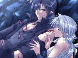 Rule 34 | 1boy, 1girl, arm grab, bare shoulders, black hair, bleeding, blood, blood on clothes, choker, cuts, closed eyes, game cg, injury, jem (maou no musume-tachi), licking, long hair, lying, maou amon, maou no musume-tachi, night, one eye closed, pointy ears, ponytail, silver hair, stone, torn clothes, wince, yamamoto kazue