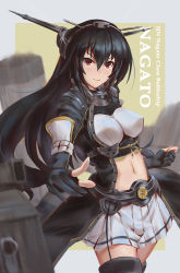 Rule 34 | 10s, 1girl, alternate costume, black gloves, black hair, breasts, cannon, character name, chiwa (tsugumisky), closed mouth, collar, fingerless gloves, focused, framed breasts, gloves, hair between eyes, headgear, highres, kantai collection, long hair, long sleeves, looking at viewer, machinery, medium breasts, metal belt, nagato (kancolle), nagato kai ni (kancolle), pleated skirt, red eyes, revision, rigging, skirt, smile, smokestack, solo, thighhighs, turret, white skirt