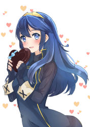 Rule 34 | 1girl, absurdres, blue eyes, blue hair, blue shirt, blush, candy, chocolate, chocolate heart, fingerless gloves, fire emblem, fire emblem awakening, food, gloves, hair between eyes, heart, highres, holding, holding chocolate, holding food, long hair, long sleeves, looking at viewer, lucina (fire emblem), nintendo, open mouth, puni y y, shirt, smile, solo, tiara, white background