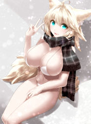 Rule 34 | 1girl, absurdres, ahoge, animal ears, aqua eyes, bikini, bikini top only, blonde hair, breasts, cleavage, commentary request, from above, hair intakes, highres, large breasts, legs together, looking at viewer, minarai tenna, monster girl, navel, original, parted lips, scarf, short hair, sidelocks, sitting, smile, solo, swimsuit, tail, v, white bikini