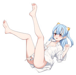 Rule 34 | 1girl, absurdres, aningay, aningay (vtuber), arm between breasts, ass, barefoot, between breasts, blue hair, blush, breasts, collarbone, collared shirt, dress shirt, feet, full body, hair between eyes, highres, indie virtual youtuber, kneepits, legs, legs up, long hair, long sleeves, looking at viewer, naked shirt, one side up, open mouth, red eyes, shirt, short eyebrows, simple background, small breasts, small sweatdrop, soles, solo, sweat, teeth, thick eyebrows, upper teeth only, virtual youtuber, white background, white shirt