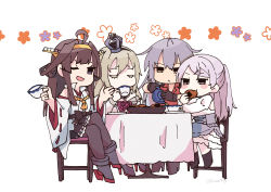 Rule 34 | 4girls, absurdres, ahoge, black footwear, black gloves, black legwear, blonde hair, boots, brown eyes, brown hair, closed eyes, commentary request, conte di cavour (kancolle), corset, crown, cup, detached sleeves, double bun, dress, eating, flower, food, frilled dress, frills, gangut (kancolle), gangut dva (kancolle), gloves, grey hair, hair bun, hairband, headgear, highres, japanese clothes, kantai collection, kongou (kancolle), long hair, long sleeves, mini crown, multiple girls, nami nami (belphegor-5812), pantyhose, purple eyes, red flower, red ribbon, red rose, red shirt, ribbon, ribbon-trimmed sleeves, ribbon trim, rose, senbei, shirt, simple background, sitting, table, teacup, teapot, thigh boots, thighhighs, trait connection, two side up, upper body, warspite (kancolle), white background, white dress