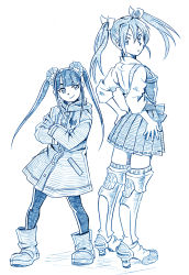 Rule 34 | 10s, 2girls, aoki hagane no arpeggio, back-to-back, bbb (friskuser), blue theme, boots, coat, crossover, hair ribbon, height difference, highres, japanese clothes, kantai collection, long hair, monochrome, multiple girls, muneate, name connection, pantyhose, ribbon, simple background, twintails, white background, zuikaku (aoki hagane no arpeggio), zuikaku (kancolle)