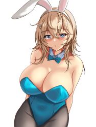 Rule 34 | 1girl, alternate costume, animal ears, aqua leotard, bare shoulders, black pantyhose, blonde hair, blue eyes, blush, breasts, collarbone, covered navel, cowboy shot, detached collar, fake animal ears, hair between eyes, hair ornament, hairclip, highres, kantai collection, large breasts, leotard, looking at viewer, medium hair, montemasa, pantyhose, playboy bunny, rabbit ears, simple background, smile, solo, strapless, strapless leotard, tuscaloosa (kancolle), white background, wrist cuffs