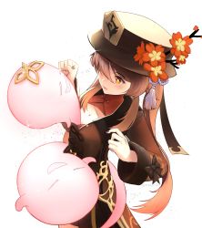Rule 34 | 1girl, absurdres, arescr, black coat, black hat, blush, breasts, brown hair, cleavage, coat, coattails, flower, genshin impact, ghost, hat, hat flower, highres, hu tao (genshin impact), long hair, long sleeves, medium breasts, open mouth, plum blossoms, red eyes, solo, symbol-shaped pupils, twintails, very long hair, white background
