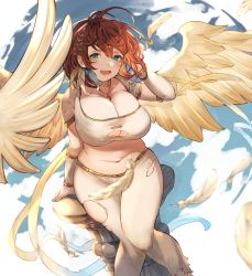 Rule 34 | 1girl, ahoge, angel wings, arm support, arm up, ayacho, blush, breasts, cleavage, commission, detached sleeves, dot nose, feathered wings, feathers, green eyes, hair ornament, highres, jewelry, looking at viewer, navel, necklace, open mouth, orange hair, original, pedestal, sierra (ramzyuu), solo, tareme, torn clothes, torn legwear, wings