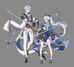 Rule 34 | 1boy, 1girl, armor, armored dress, ayaka (genshin impact), bare legs, black gloves, blue eyes, blue hair, blunt bangs, breasts, brother and sister, chinese knot, collared jacket, commentary, elbow gloves, flower knot, folding fan, full body, genshin impact, gloves, gold trim, grey background, hand fan, highres, holding, holding fan, holding sword, holding weapon, jacket, kamisato ayato, light blue hair, long hair, long sleeves, looking at viewer, medium breasts, medium skirt, neck tassel, pants, papajay (jennygin2), partially fingerless gloves, ponytail, sandals, short hair, shoulder armor, siblings, simple background, skirt, smile, sparkle, sword, symbol-only commentary, tabi, vision (genshin impact), weapon, white jacket, white pants, wide sleeves, zouri