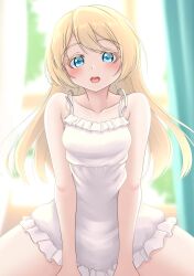 Rule 34 | 1girl, absurdres, blonde hair, blue eyes, collarbone, cowboy shot, curtains, dress, frilled dress, frills, highres, jervis (kancolle), kantai collection, long hair, looking at viewer, makura (y makura), open mouth, round teeth, sitting, smile, solo, spaghetti strap, swept bangs, teeth, upper teeth only, white dress, window