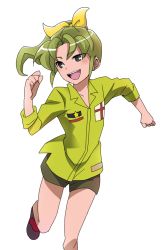Rule 34 | 1boy, androgynous, bad id, bad pixiv id, bishounen, cosplay, green hair, green shirt, hair ribbon, hikage sumihito, inazuma eleven, inazuma eleven (series), kokehito, long hair, look-alike, male focus, midorikawa nao, midorikawa nao (cosplay), midorikawa ryuuji, name connection, open mouth, ponytail, precure, ribbon, shirt, smile precure!, solo, trap, white background