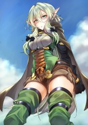 Rule 34 | 10s, absurdres, bad id, bad pixiv id, blue sky, boots, brown shorts, butano (star-dust boxxx), cloak, cloud, day, elf, gloves, goblin slayer!, green eyes, green hair, high elf archer (goblin slayer!), highres, hood, hooded cloak, pointy ears, shorts, sky, solo, thigh boots, thighhighs