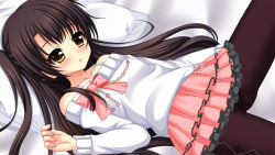 Rule 34 | 1girl, amakaze hina, azuki yui, bed, black pantyhose, blush, bow, brown eyes, brown hair, clothes, collarbone, flat chest, game cg, ichibun no ni koigokoro, long hair, long sleeves, lying, on back, on bed, open mouth, pantyhose, pillow, pink bow, pink skirt, skirt, solo, source request, sweater, twintails, white sweater