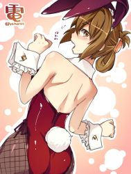 Rule 34 | 10s, 1girl, animal ears, bare back, bare shoulders, blush, brown eyes, brown hair, rabbit ears, rabbit tail, playboy bunny, character name, cowboy shot, detached collar, fake animal ears, fishnet pantyhose, fishnets, folded ponytail, from behind, inazuma (kancolle), jpeg artifacts, kantai collection, looking back, pantyhose, solo, super zombie, tail, twitter username, wrist cuffs