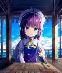 Rule 34 | 1girl, absurdres, antenna hair, beret, blue eyes, blue sky, blue vest, blurry, blush, board game, buttons, closed mouth, cloud, cloudy sky, collared shirt, day, depth of field, exitb, frills, hat, head tilt, highres, hinatsuru ai, holding, light particles, long hair, long sleeves, looking at viewer, low twintails, neck ribbon, outdoors, purple hair, reflection, ribbon, ryuuou no oshigoto!, shirt, shogi, sidelocks, sitting, sky, solo, sunlight, twintails, twitter username, vest, white hat, white shirt, yellow ribbon