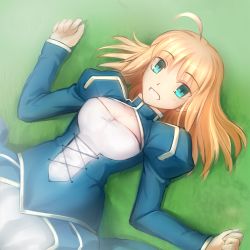 Rule 34 | 1girl, ahoge, artoria pendragon (fate), blonde hair, blue eyes, breasts, cleavage, dress, fate/stay night, fate (series), looking at viewer, lying, medium breasts, on back, open mouth, saber (fate), short hair, solo, upper body