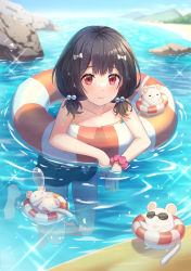 Rule 34 | 1girl, bare shoulders, barefoot, black hair, black shorts, bow, closed mouth, collarbone, day, granblue fantasy, hair bobbles, hair bow, hair ornament, highres, horizon, jiman, lifebuoy, looking at viewer, medium hair, mouse (animal), nose bubble, outdoors, partially submerged, red eyes, rock, scrunchie, shorts, smile, sparkle, swim ring, vikala (granblue fantasy), water, wet, wet hair, wrist scrunchie