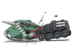 Rule 34 | armored vehicle, attack, caterpillar tracks, commentary request, debris, drill, from side, gatling santouhei, highres, military, military vehicle, motor vehicle, no humans, original, shadow, simple background, sketch, tank, vehicle focus, wheel, white background
