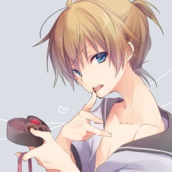 Rule 34 | 1boy, blue eyes, brown hair, chocolate, collarbone, from side, heart, kagamine len, kuroi (liar-player), licking, licking finger, looking at viewer, looking to the side, male focus, off shoulder, open clothes, short hair, solo, upper body, valentine, vocaloid