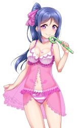 Rule 34 | 1girl, babydoll, blue hair, blush, breasts, candy, candy cane, choker, cleavage, collarbone, commentary request, crescent, facial mark, food, frilled babydoll, frilled panties, frills, hair ornament, heart, highres, holding, holding candy, holding candy cane, holding food, lingerie, long hair, looking at viewer, love live!, love live! school idol festival, love live! sunshine!!, matsuura kanan, medium breasts, nail polish, navel, panties, pink babydoll, pink nails, ponytail, purple eyes, simple background, skirt hold, smile, solo, stomach tattoo, striped clothes, striped panties, tattoo, underwear, white background, wing tattoo, yopparai oni
