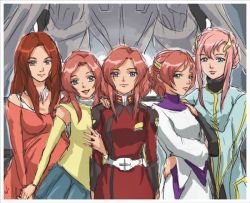 Rule 34 | 00s, 5girls, alternate costume, character request, flay allster, gundam, gundam seed, hair ornament, hairclip, if they mated, lacus clyne, maya sawamura anderson, mother and daughter, multiple girls, pregnant, red hair, siblings, sisters, uniform, yuri