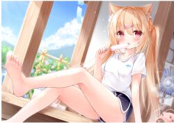 Rule 34 | 1girl, absurdres, animal ear fluff, animal ears, barefoot, blonde hair, blue shirt, blush, cat ears, cloud, electric fan, feet, food, hair ornament, hairclip, highres, leg up, legs, licking, long hair, mochizuki riku, open mouth, original, outdoors, popsicle, red eyes, shirt, short shorts, short sleeves, shorts, sitting, sky, soles, solo, thighs, toes, tongue, tongue out, twintails, white shirt