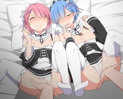 Rule 34 | 10s, 2girls, blue hair, blush, breasts, breath, clothes pull, clothing aside, dress, dress pull, dress tug, closed eyes, fingering, hair ornament, hair over one eye, indoors, itose ikuto, legs up, lying, maid, medium breasts, multiple girls, nipples, no bra, no shoes, on back, on bed, open mouth, panties, panties aside, pink hair, pov, pov hands, ram (re:zero), re:zero kara hajimeru isekai seikatsu, rem (re:zero), short hair, siblings, sisters, small breasts, spread legs, thighhighs, twins, underwear, vaginal, white legwear, white panties, x hair ornament